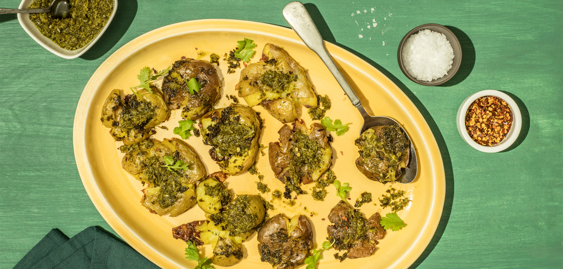 Crispy, Smashed Potatoes with Parsley & Carrot Green Chimichurri